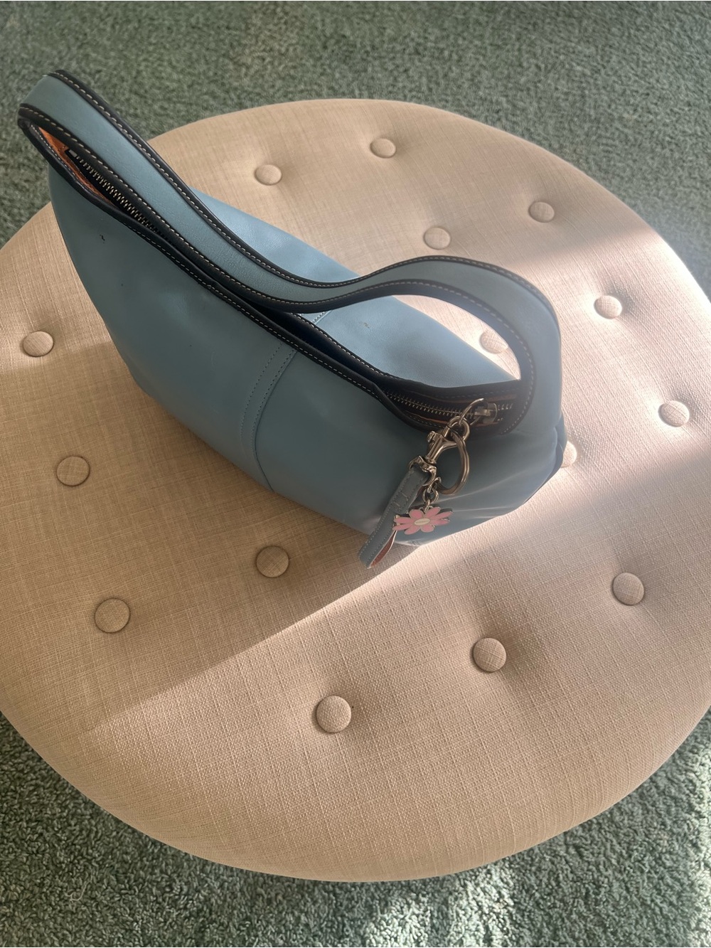 Coach Light Blue Leather Shoulder Bag with Floral Charm